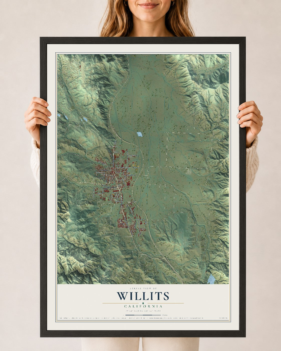 Map of Willits, California, 24 x 36 inch print in a black wood frame