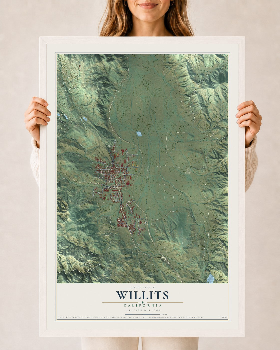 Map of Willits, California, 24 x 36 inch print in a white wood frame