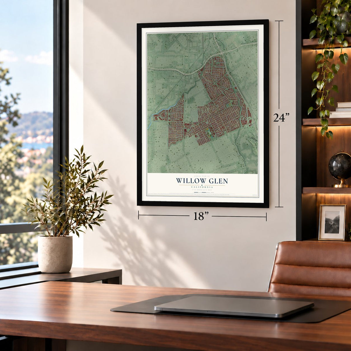 Willow Glen, California map, 18 x 24 inch print in a black frame in a home office