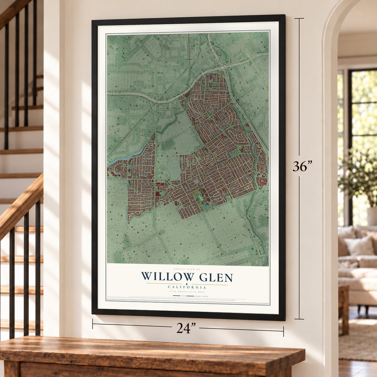 Willow Glen, California map, 24 x 36 inch print in a black frame by a staircase