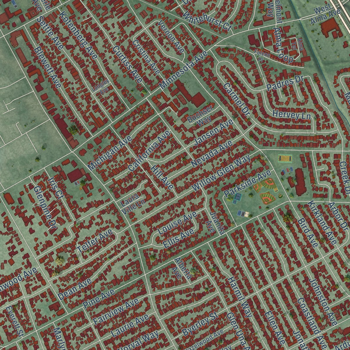 Close-up of the map of Willow Glen, California print showing street and building detail