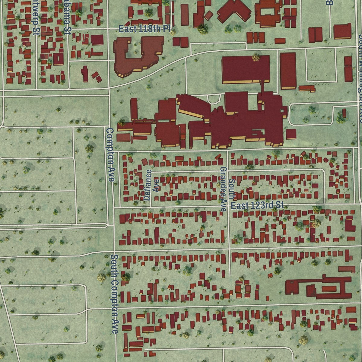 Second close-up of the map of Willowbrook, California print showing more streets and buildings