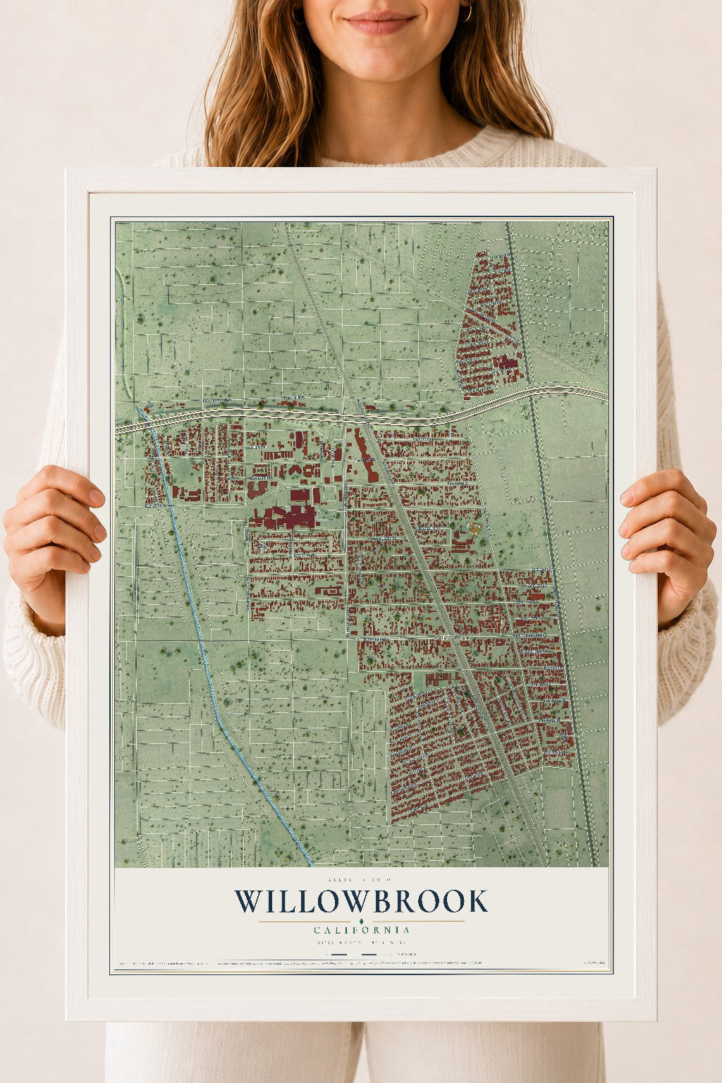 Map of Willowbrook, California, 18 x 24 inch print in a white wood frame