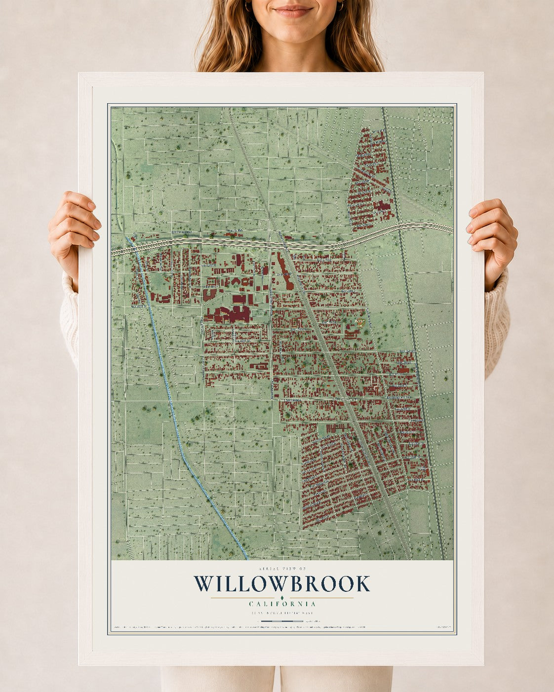 Map of Willowbrook, California, 24 x 36 inch print in a white wood frame