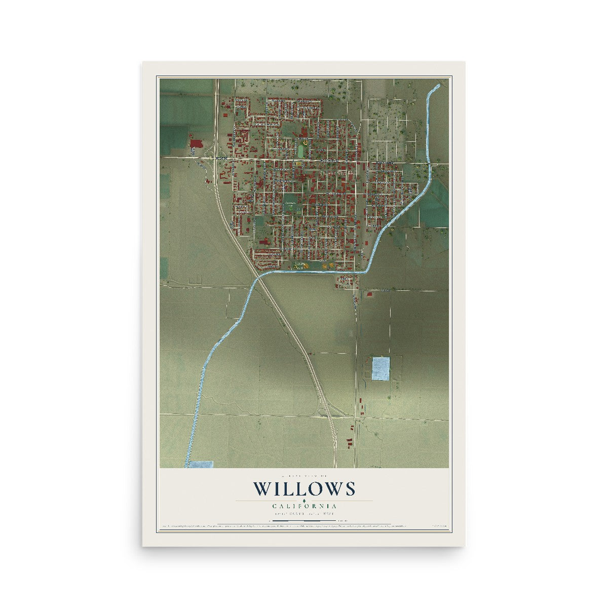 Map of Willows, California, 12 x 18 inch unframed archival matte print