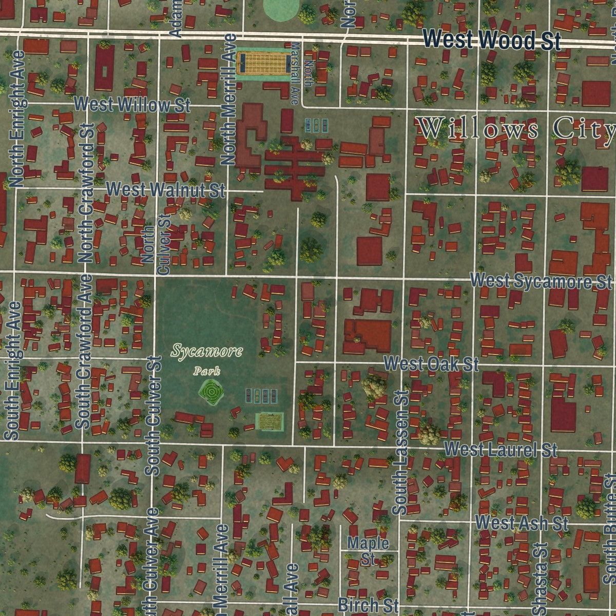Close-up of the map of Willows, California print showing street and building detail