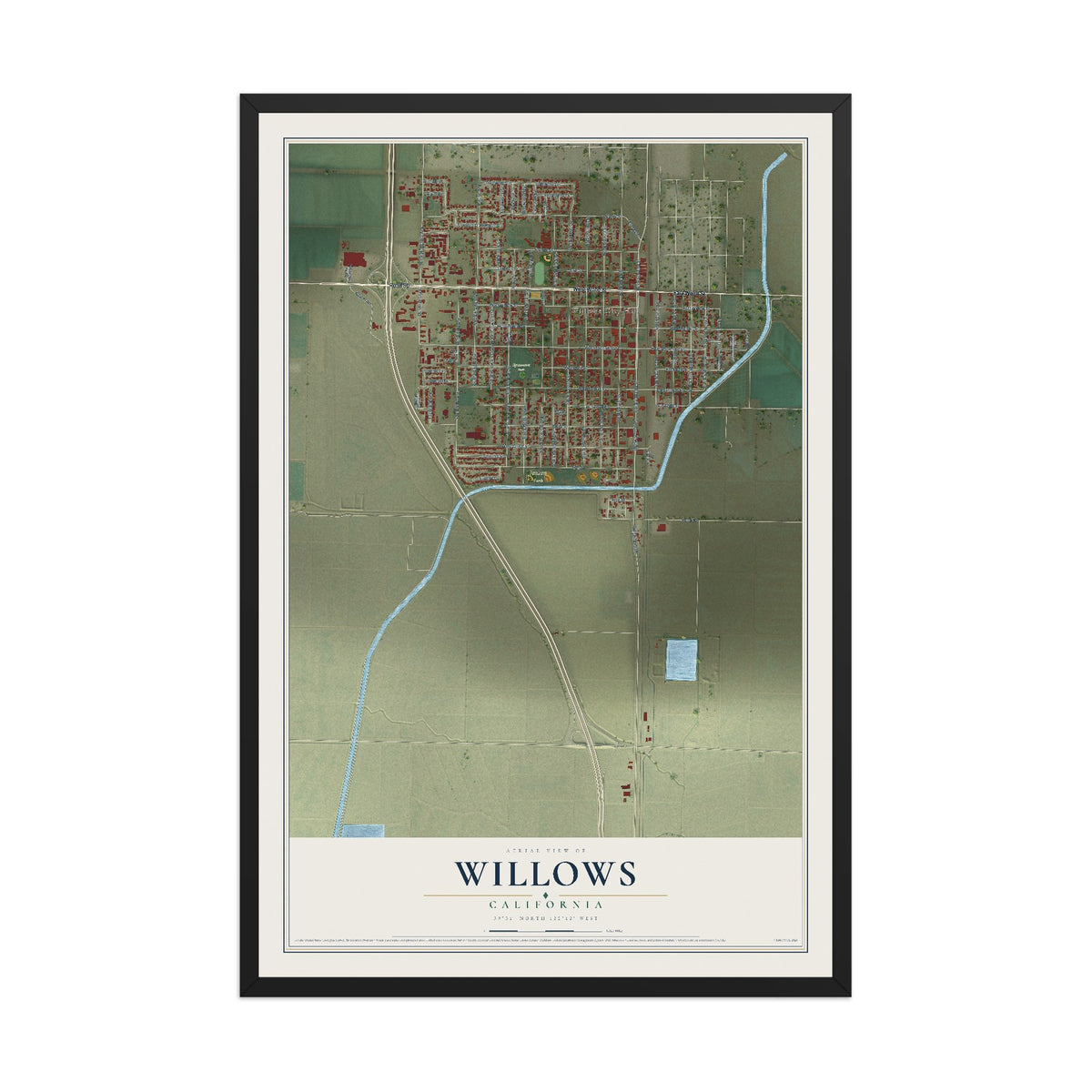 Map of Willows, California, 12 x 18 inch print in a black wood frame