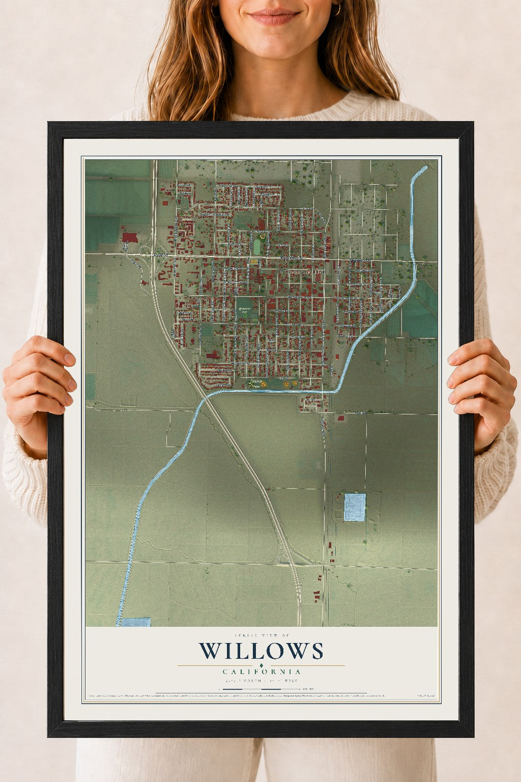 Map of Willows, California, 18 x 24 inch print in a black wood frame