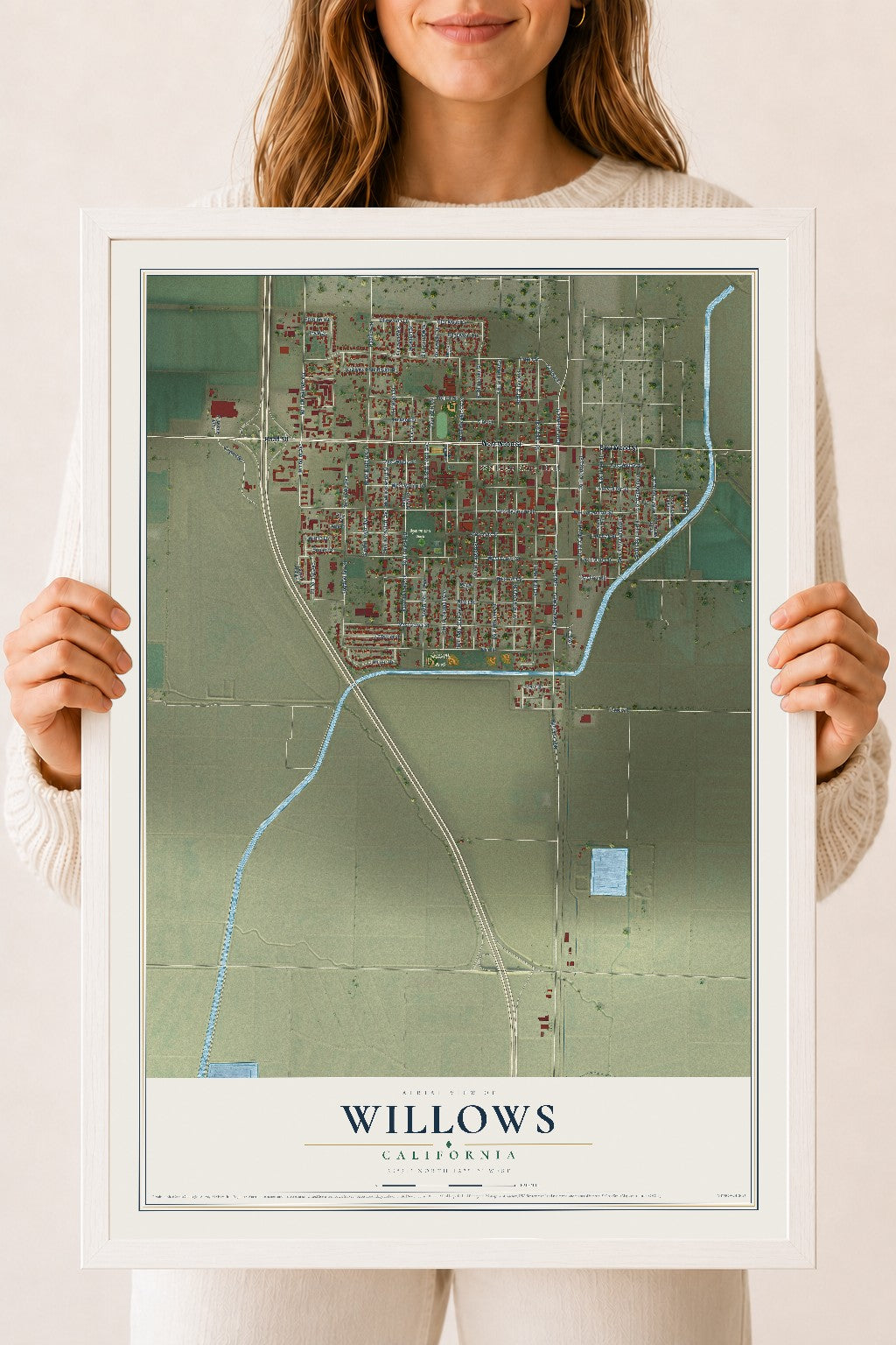 Map of Willows, California, 18 x 24 inch print in a white wood frame