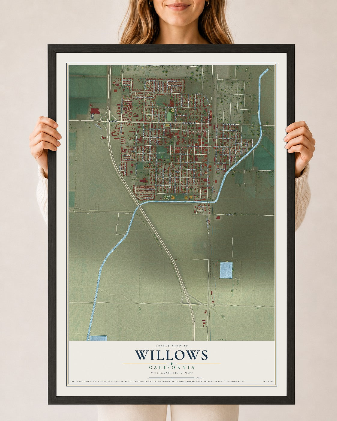 Map of Willows, California, 24 x 36 inch print in a black wood frame