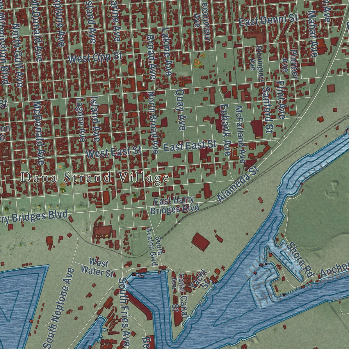 Close-up of the map of Wilmington, California print showing street and building detail