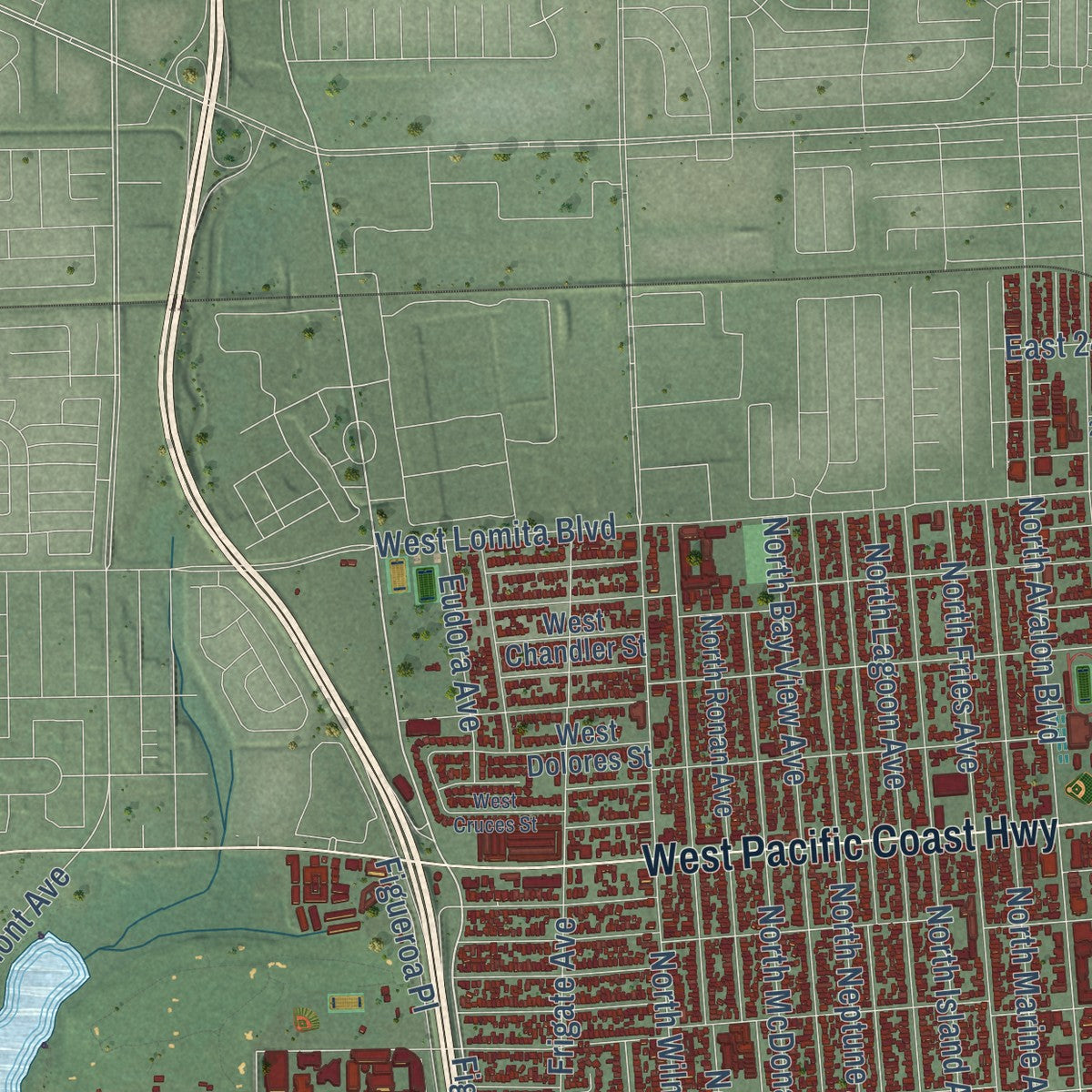 Second close-up of the map of Wilmington, California print showing more streets and buildings