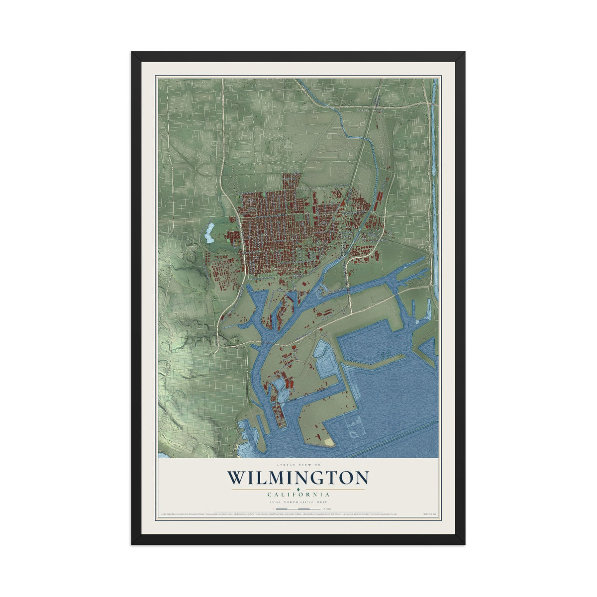 Map of Wilmington, California, 12 x 18 inch print in a black wood frame