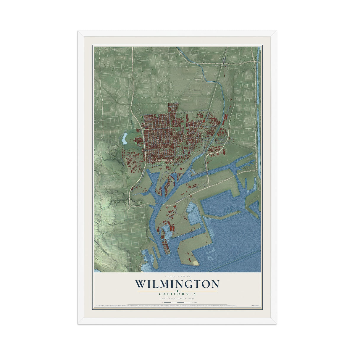 Map of Wilmington, California, 12 x 18 inch print in a white wood frame