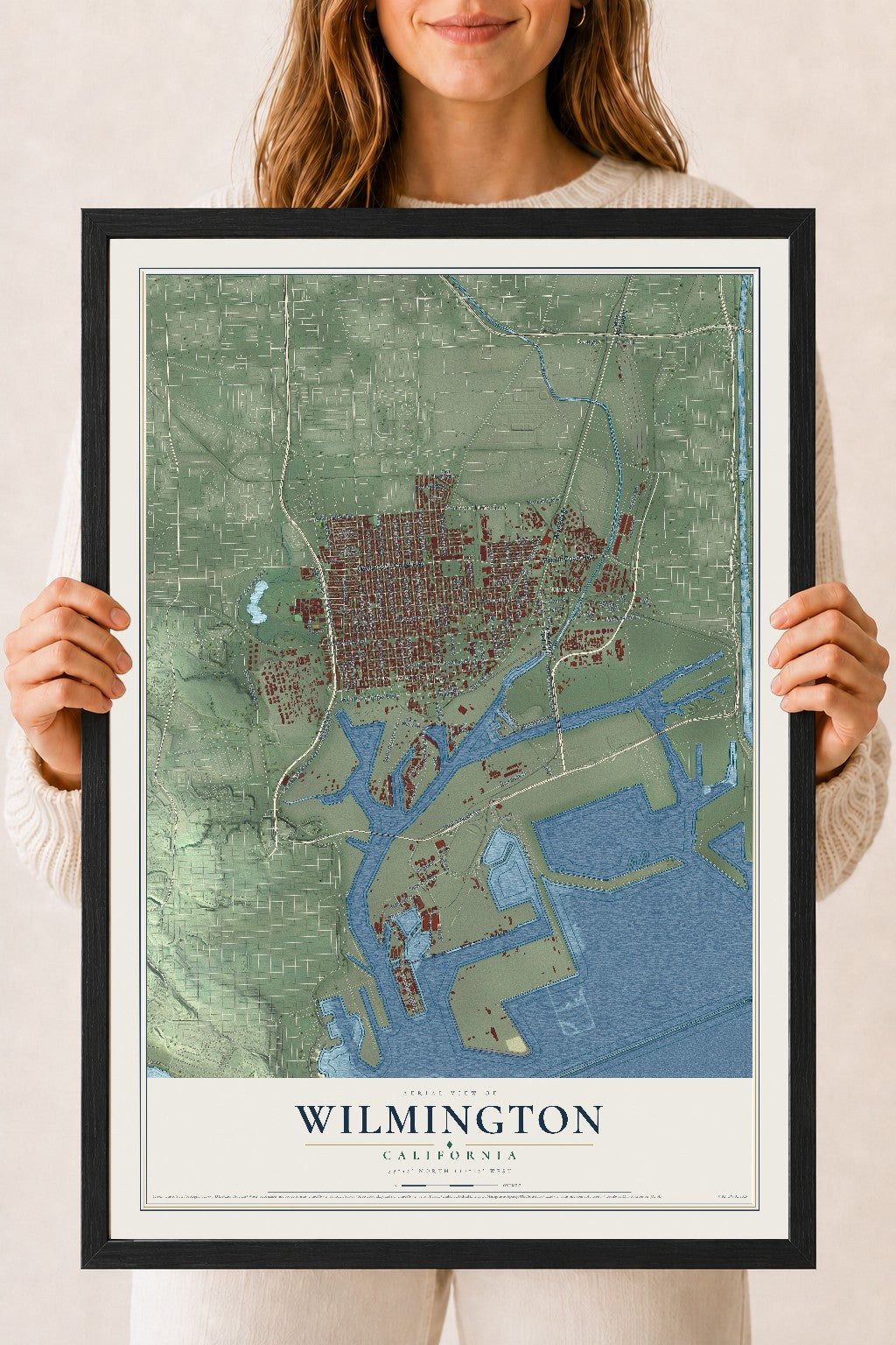 Map of Wilmington, California, 18 x 24 inch print in a black wood frame