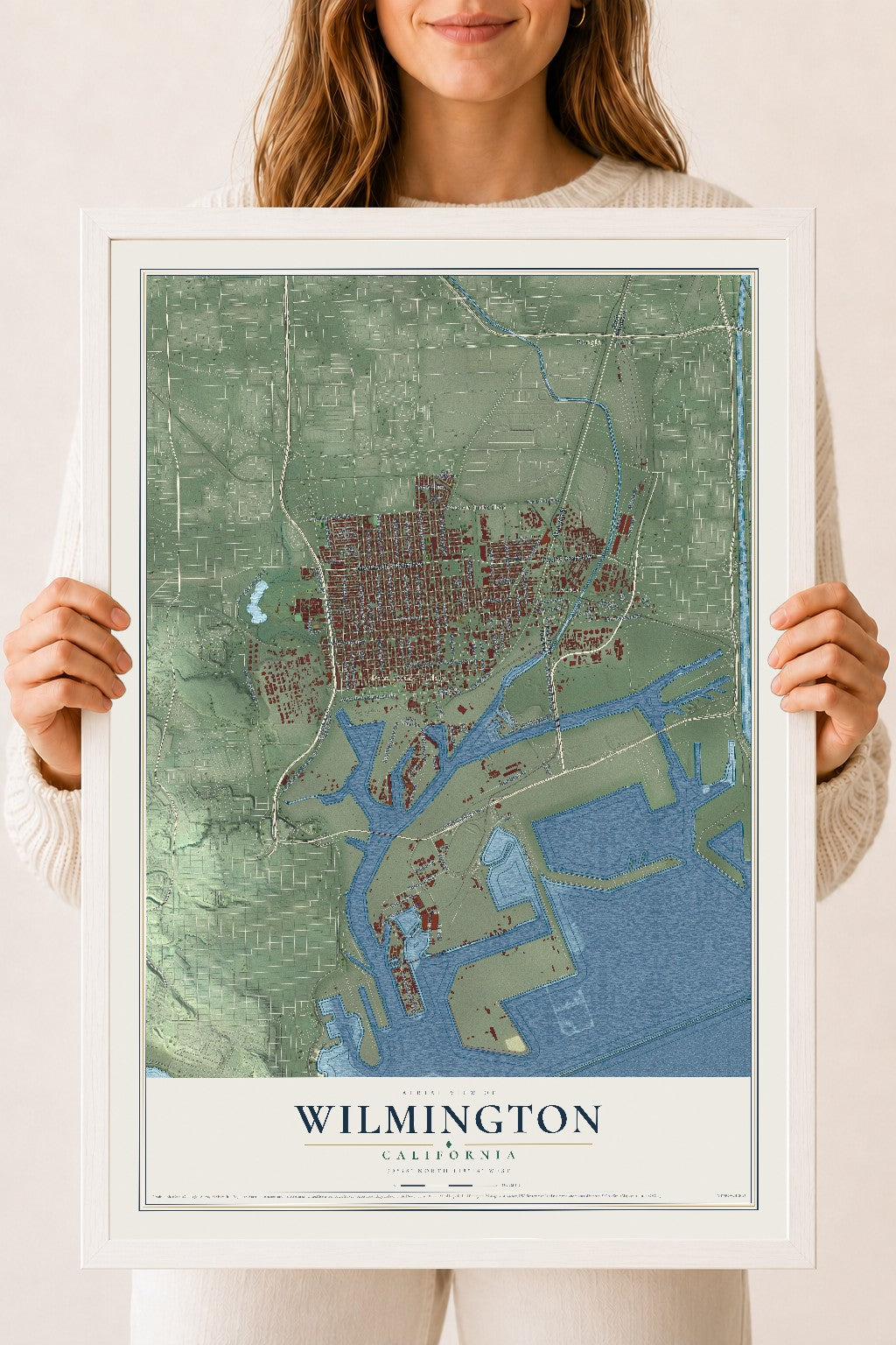 Map of Wilmington, California, 18 x 24 inch print in a white wood frame