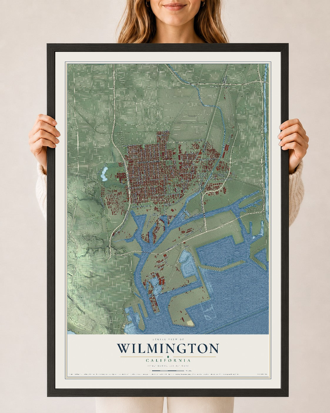 Map of Wilmington, California, 24 x 36 inch print in a black wood frame