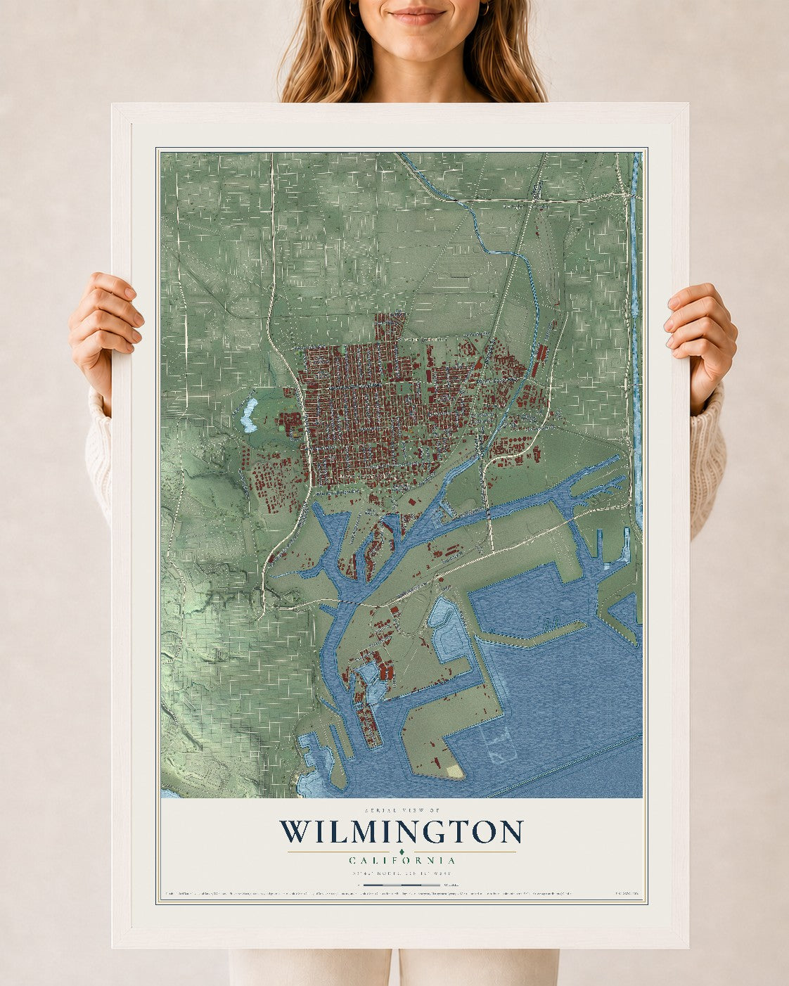 Map of Wilmington, California, 24 x 36 inch print in a white wood frame