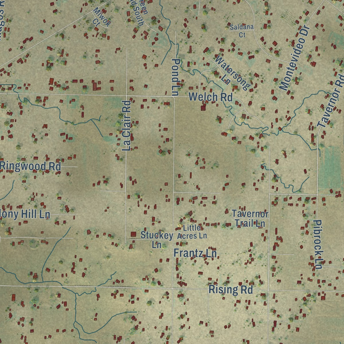 Close-up of the map of Wilton, California print showing street and building detail