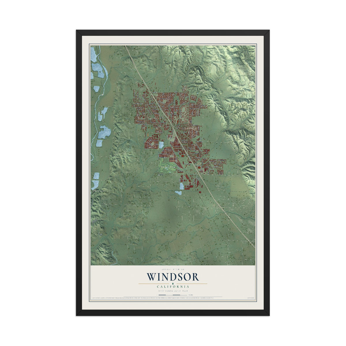Map of Windsor, California, 12 x 18 inch print in a black wood frame