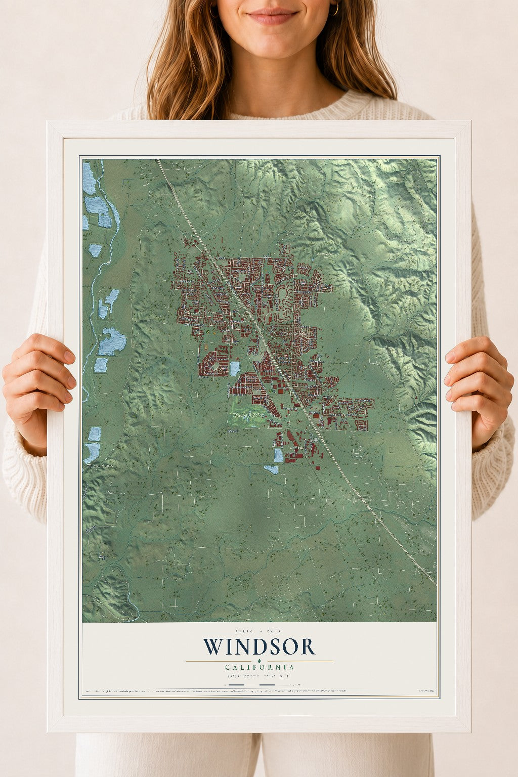 Map of Windsor, California, 18 x 24 inch print in a white wood frame