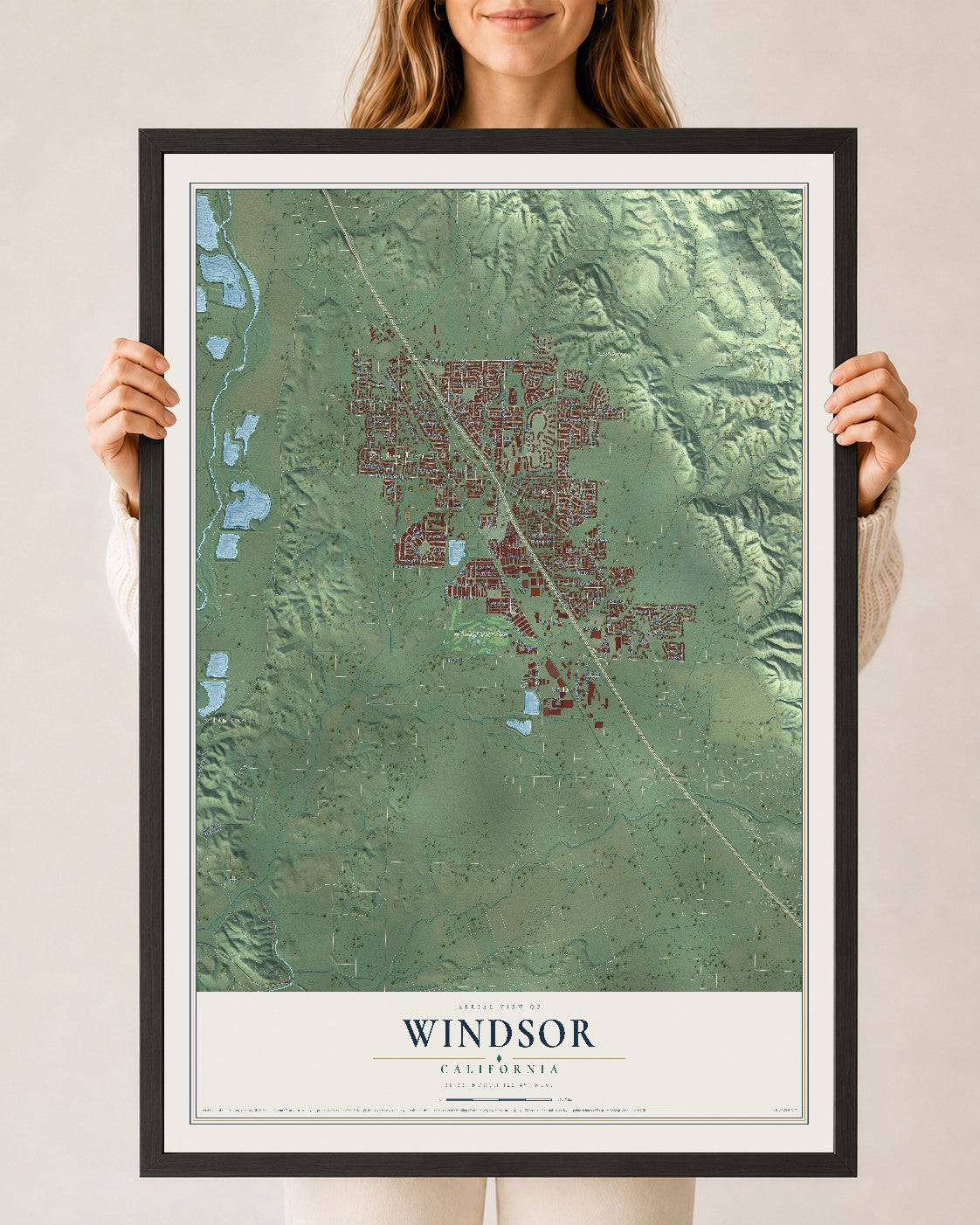 Map of Windsor, California, 24 x 36 inch print in a black wood frame