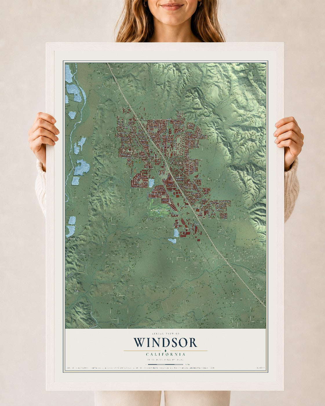 Map of Windsor, California, 24 x 36 inch print in a white wood frame
