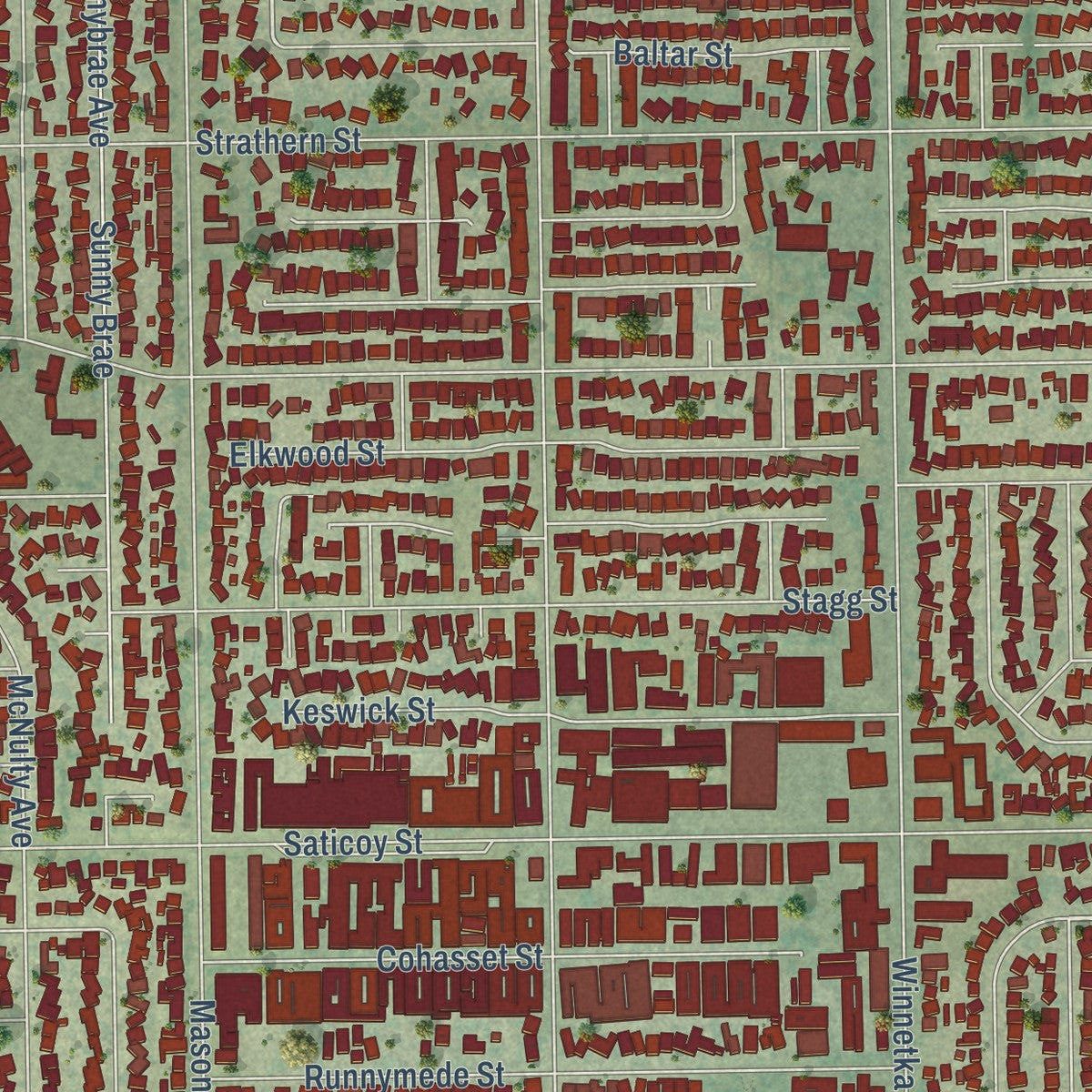 Close-up of the map of Winnetka, California print showing street and building detail