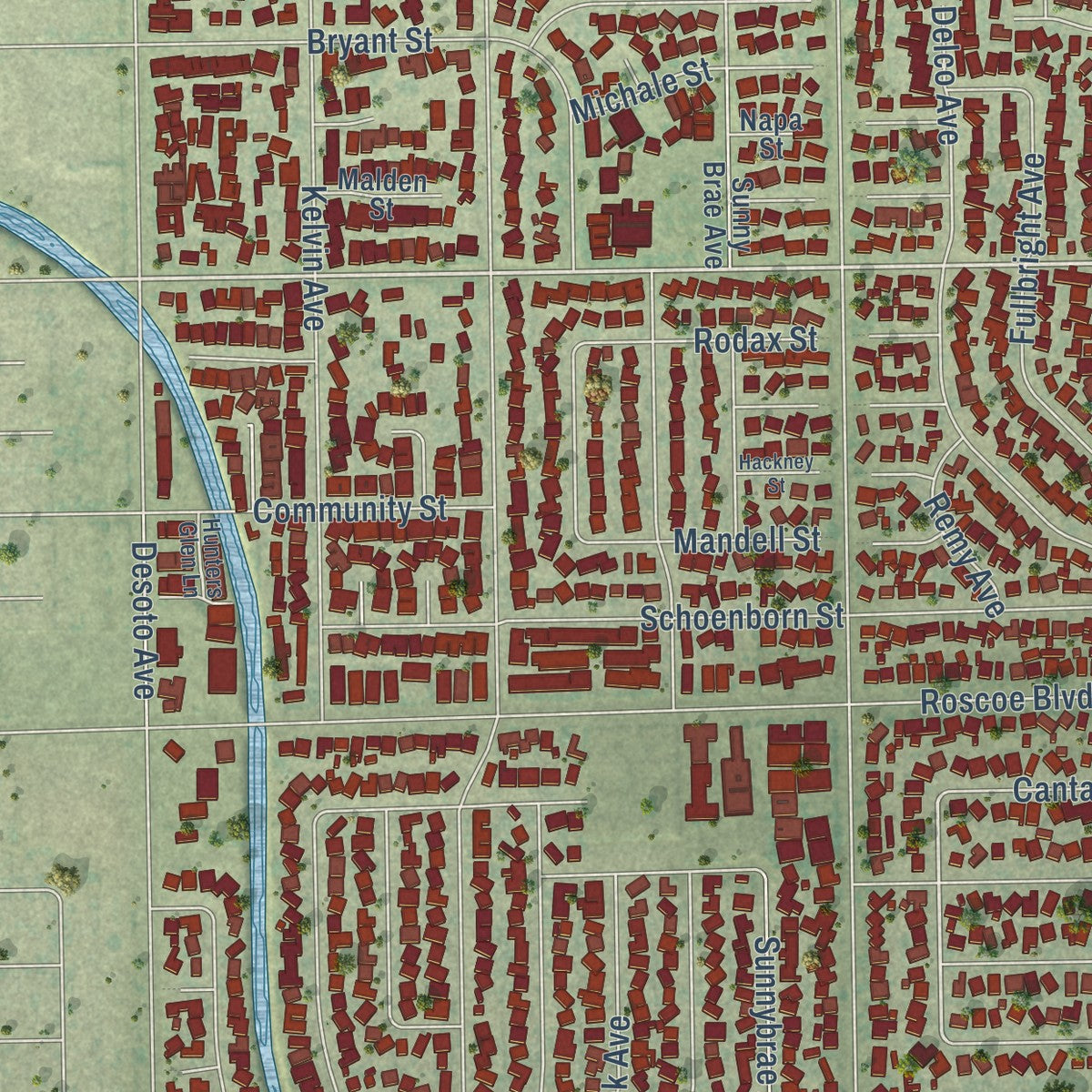 Second close-up of the map of Winnetka, California print showing more streets and buildings