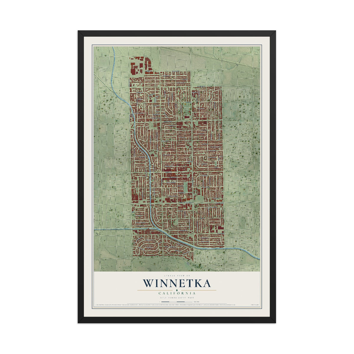 Map of Winnetka, California, 12 x 18 inch print in a black wood frame