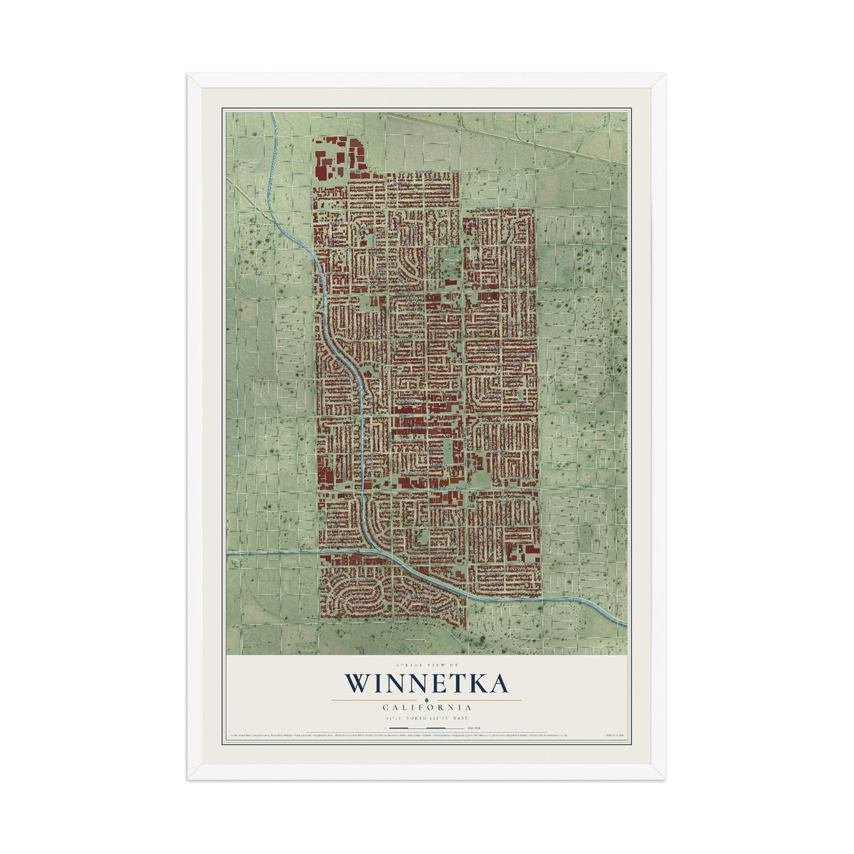 Map of Winnetka, California, 12 x 18 inch print in a white wood frame