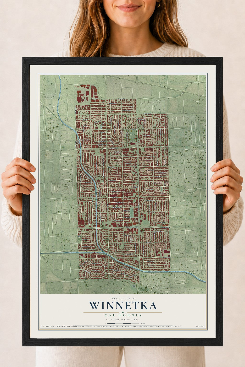 Map of Winnetka, California, 18 x 24 inch print in a black wood frame