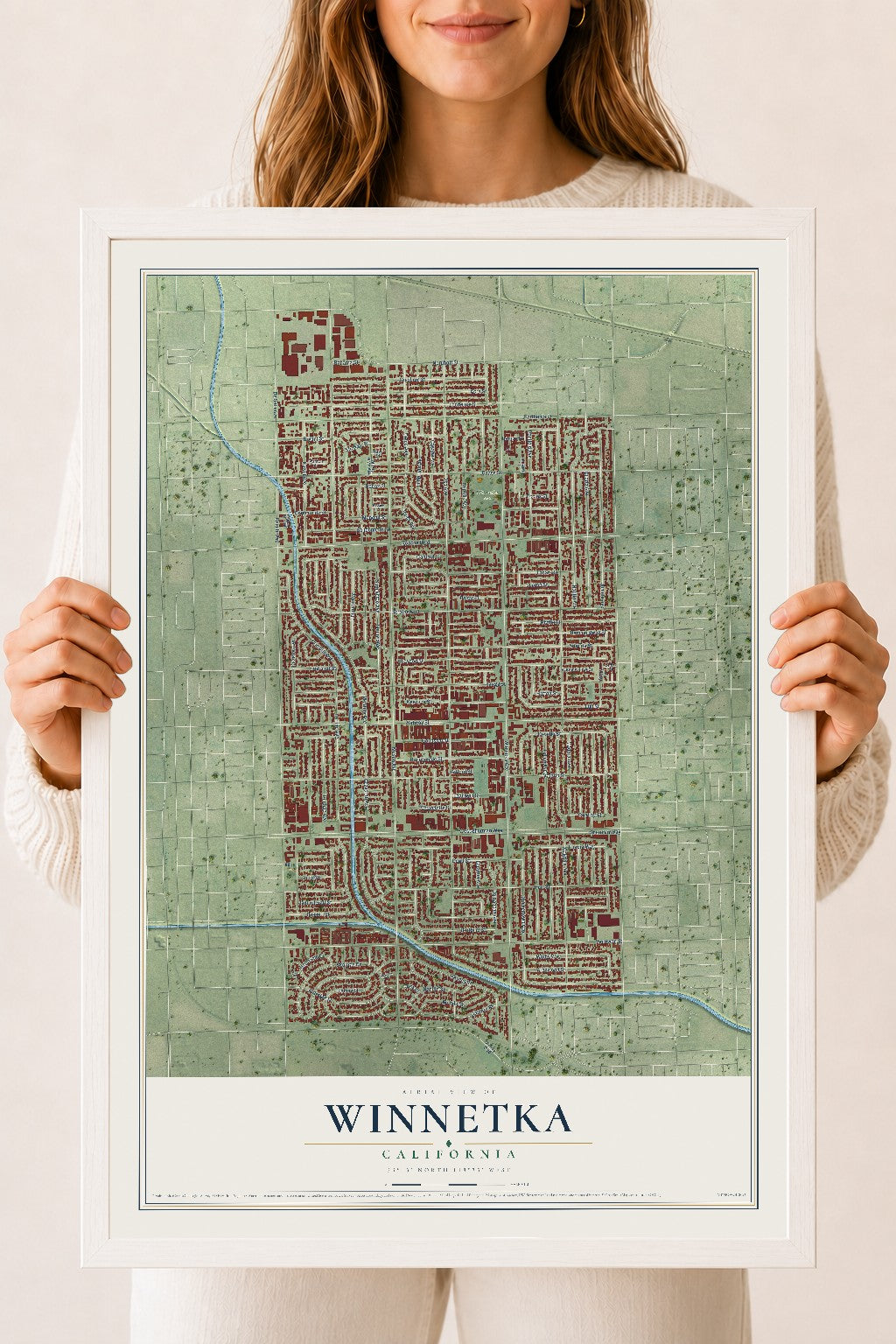Map of Winnetka, California, 18 x 24 inch print in a white wood frame