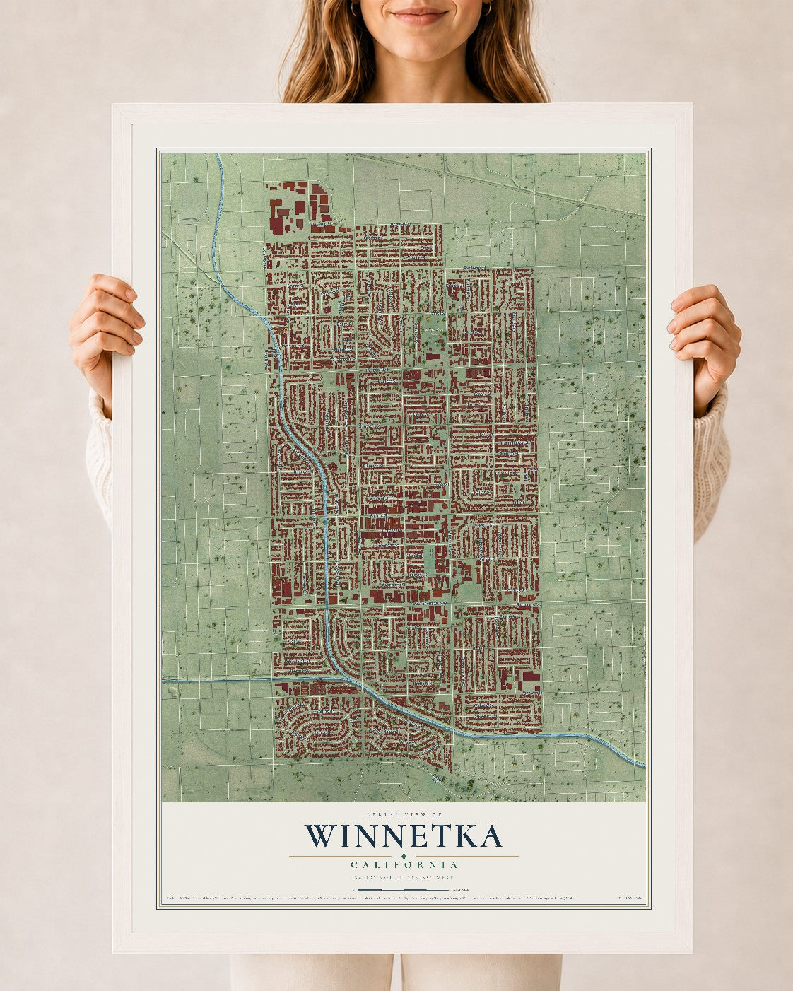 Map of Winnetka, California, 24 x 36 inch print in a white wood frame