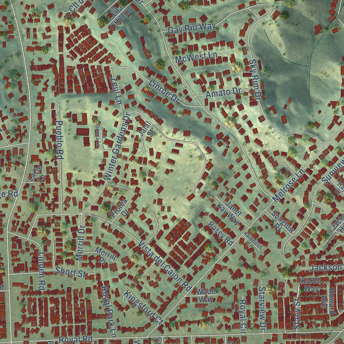 Close-up of the map of Winter Gardens, California print showing street and building detail