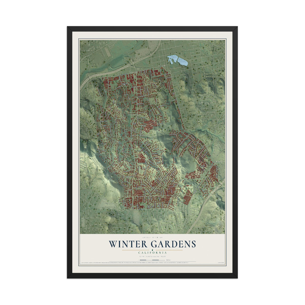 Map of Winter Gardens, California, 12 x 18 inch print in a black wood frame