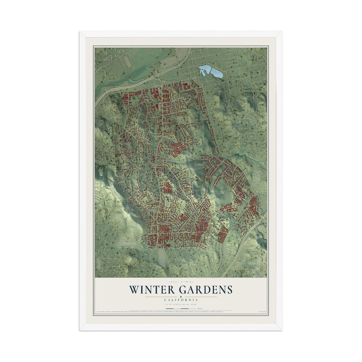 Map of Winter Gardens, California, 12 x 18 inch print in a white wood frame