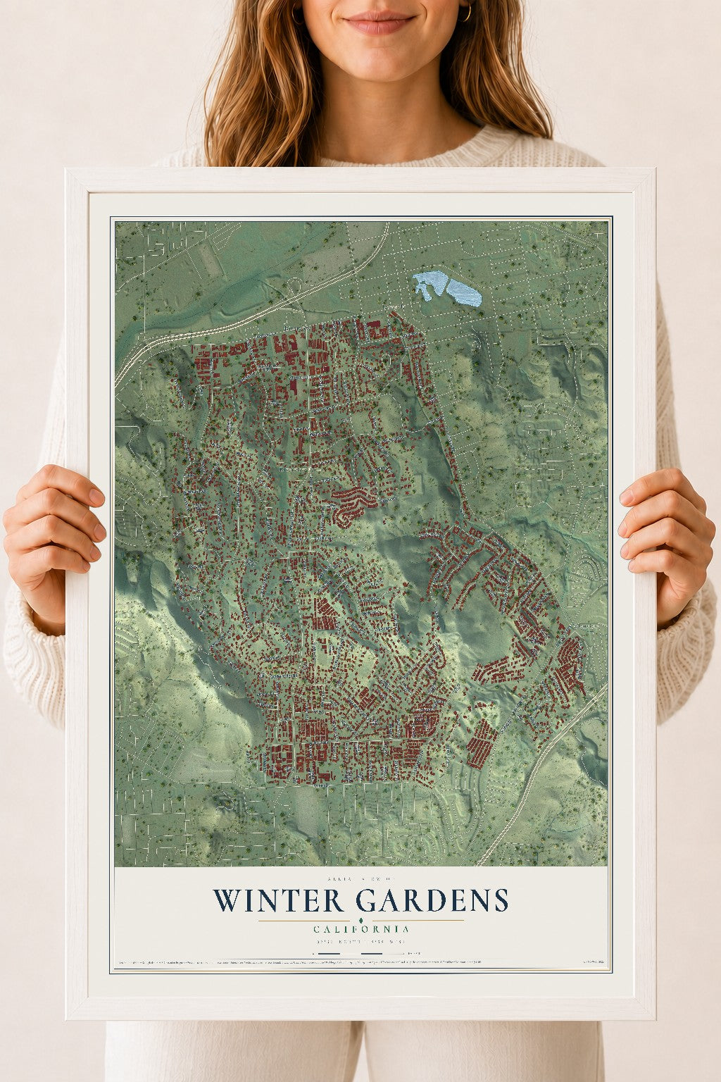 Map of Winter Gardens, California, 18 x 24 inch print in a white wood frame