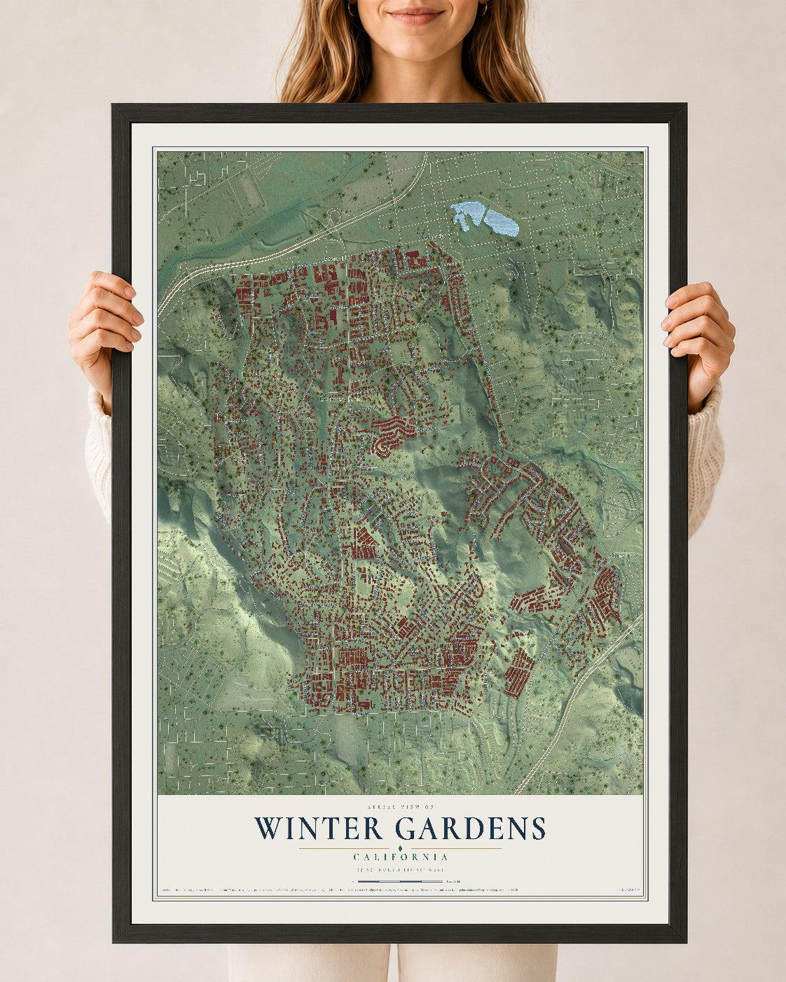 Map of Winter Gardens, California, 24 x 36 inch print in a black wood frame