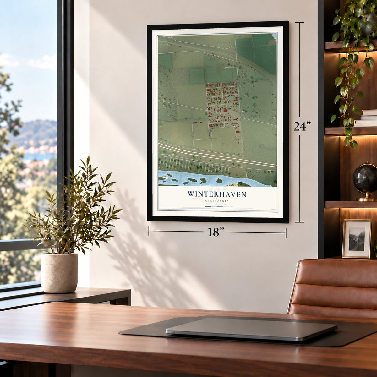 Winterhaven, California map, 18 x 24 inch print in a black frame in a home office
