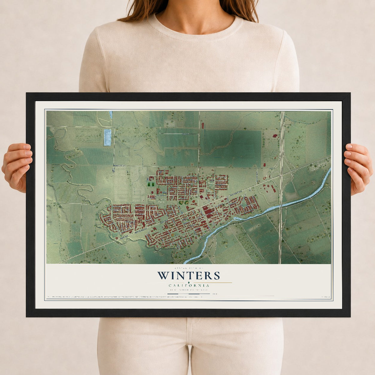 Map of Winters, California, 12 x 18 inch print in a black wood frame