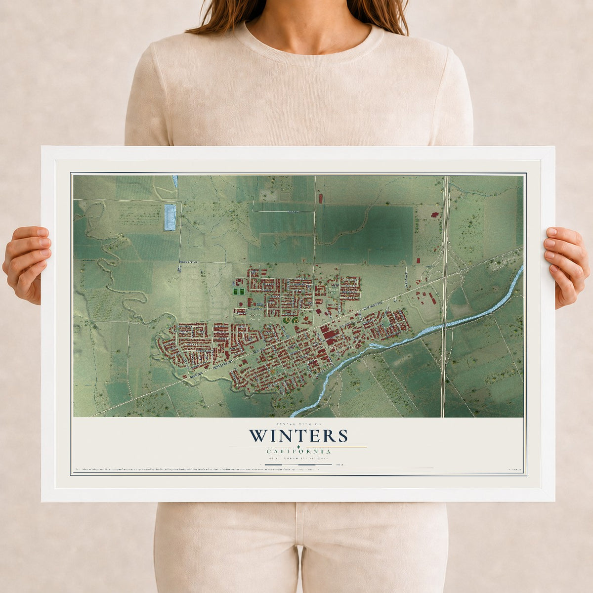 Map of Winters, California, 12 x 18 inch print in a white wood frame