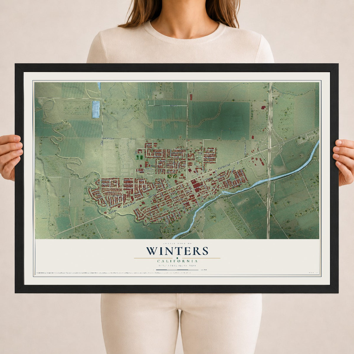 Map of Winters, California, 18 x 24 inch print in a black wood frame
