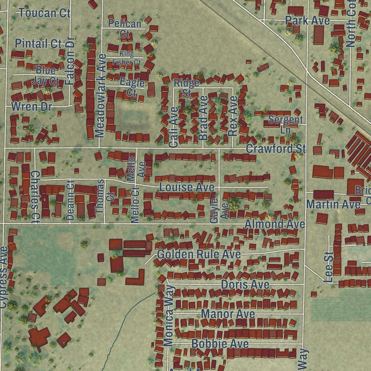 Close-up of the map of Winton, California print showing street and building detail