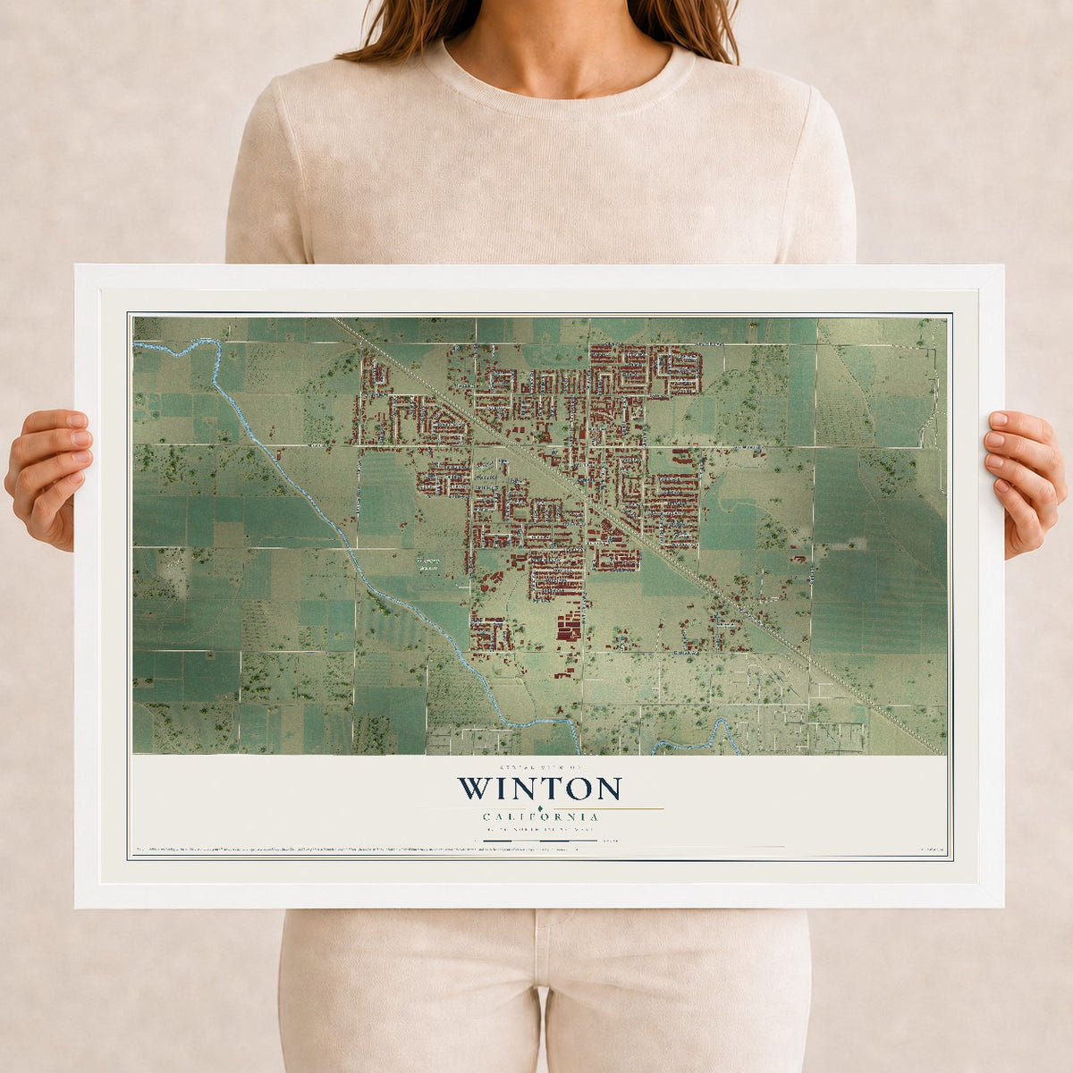 Map of Winton, California, 12 x 18 inch print in a white wood frame