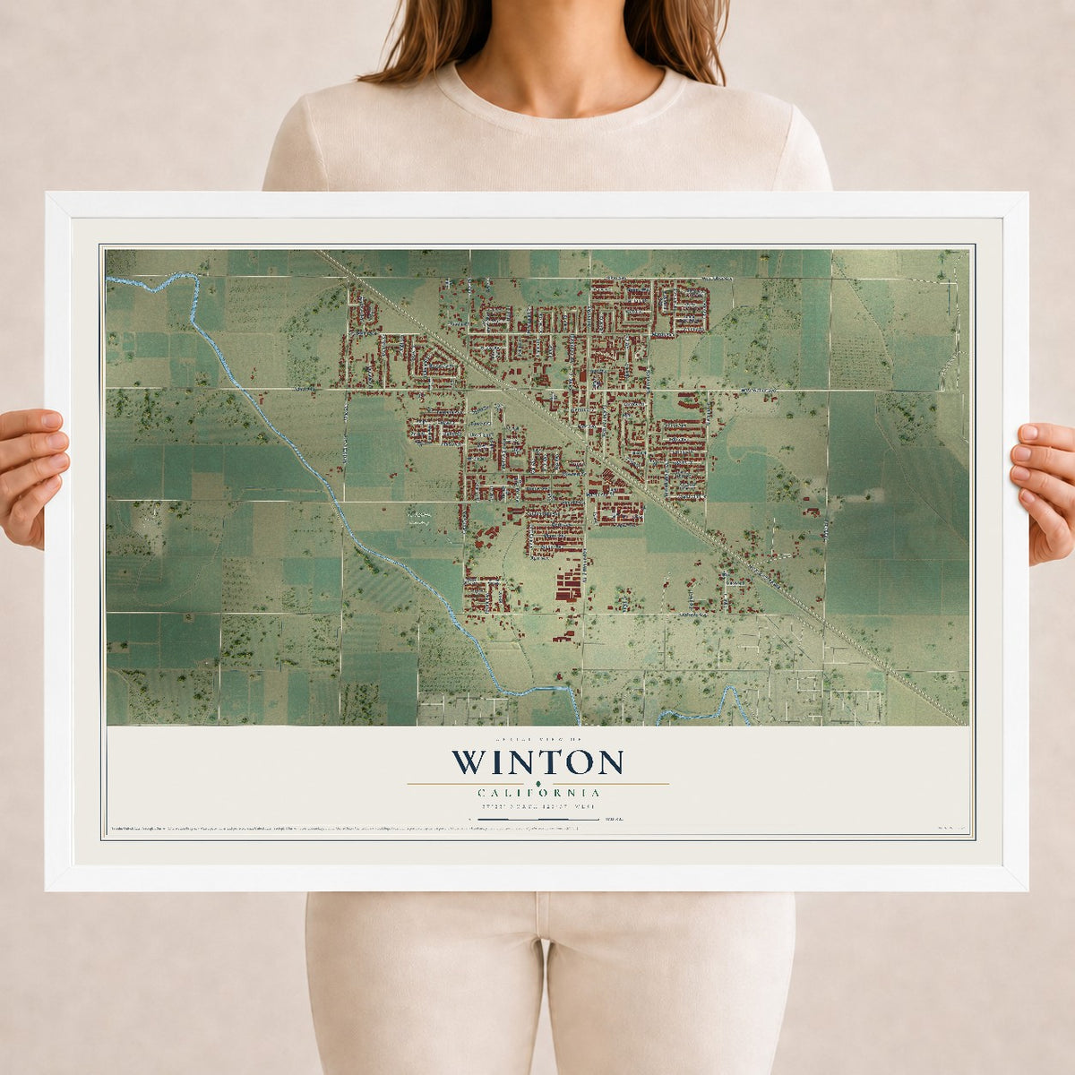 Map of Winton, California, 18 x 24 inch print in a white wood frame