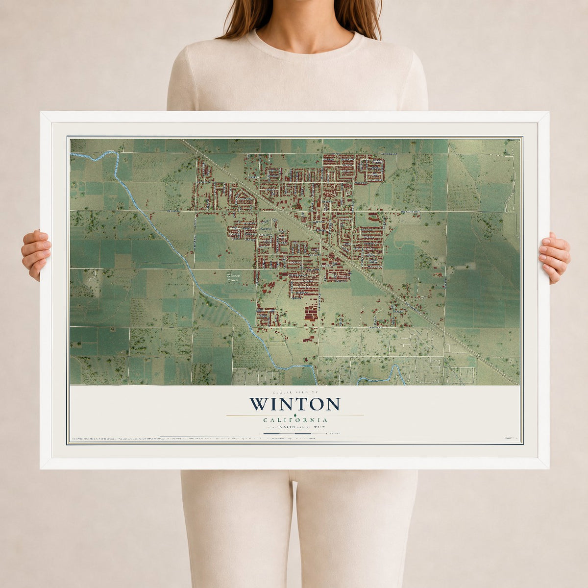 Map of Winton, California, 24 x 36 inch print in a white wood frame