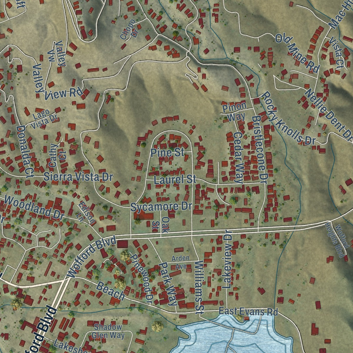 Close-up of the map of Wofford Heights, California print showing street and building detail