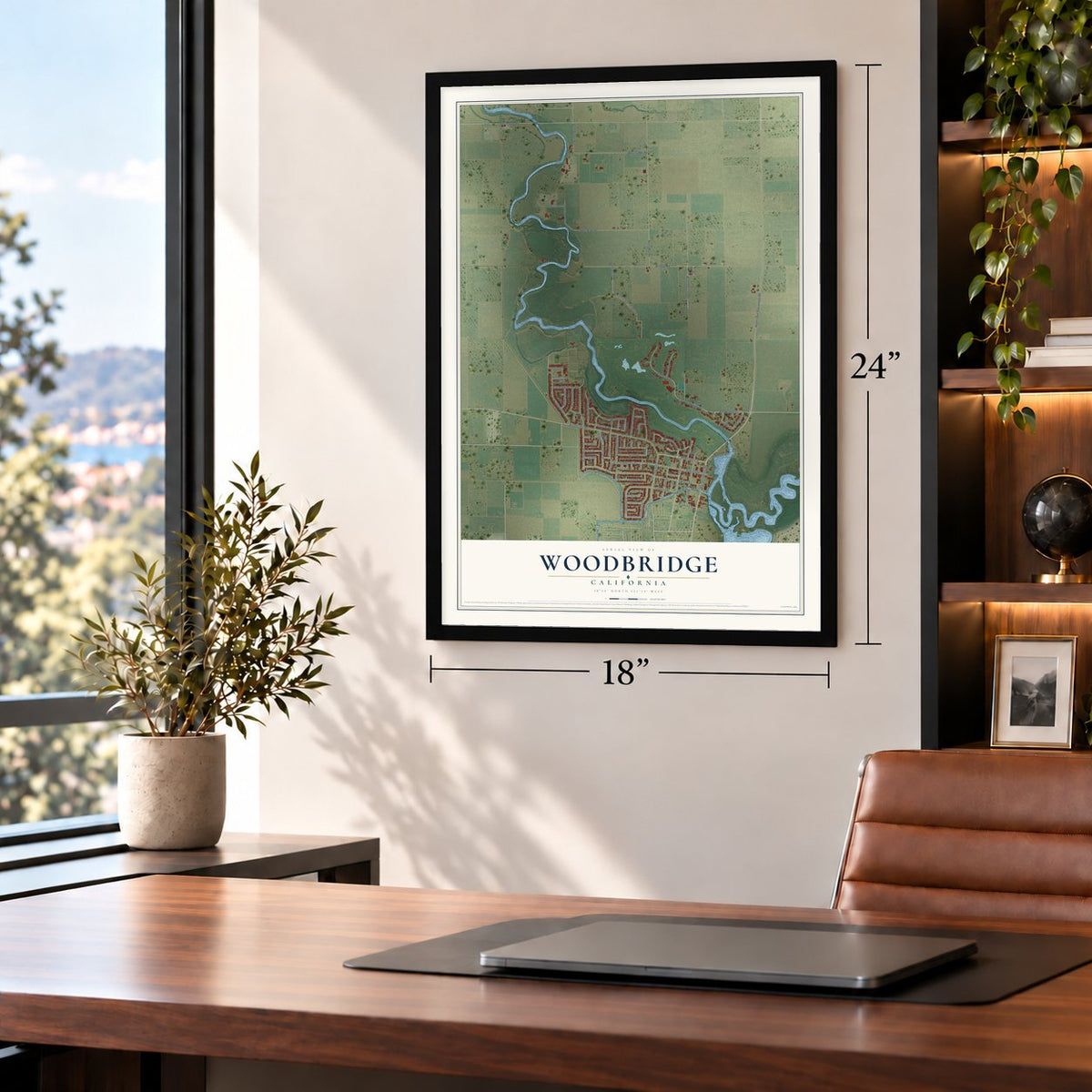 Woodbridge, California map, 18 x 24 inch print in a black frame in a home office