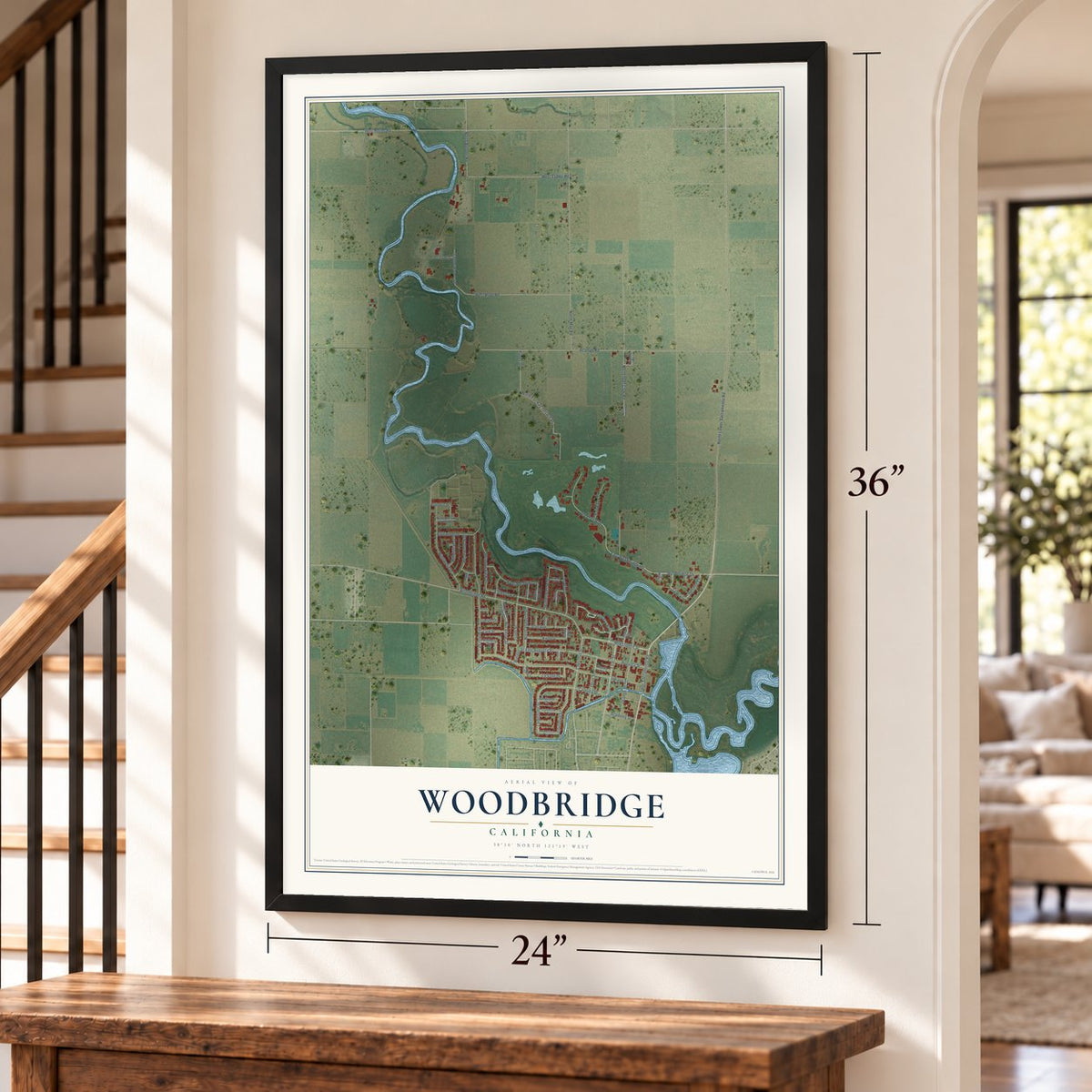 Woodbridge, California map, 24 x 36 inch print in a black frame by a staircase